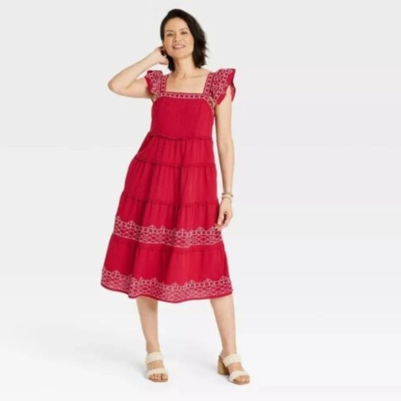 Knox Rose Dresses Knox Rose Womens Ruffle Sleeve Embroidered Tiered